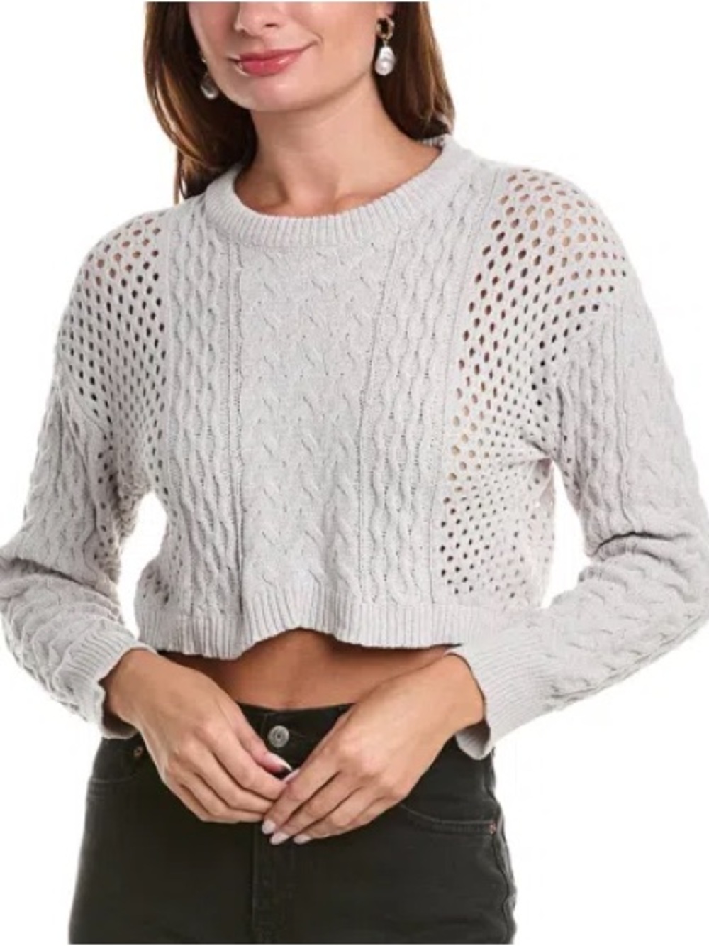 Cropped Light Gray Cable Knit Crewneck Sweater